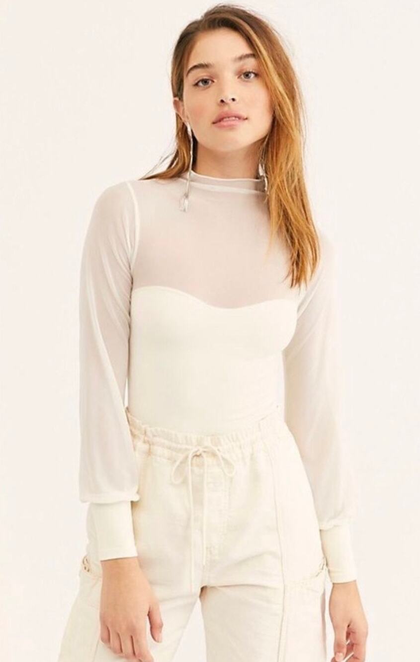 Free People Light Up Mesh Layering Top XS Mock Neck Ivory White Long Sleeve